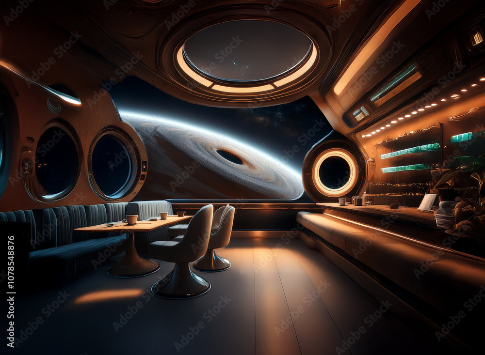Poster a futuristic diner with large circular windows overlooking a ringed planet and a distant starfield.