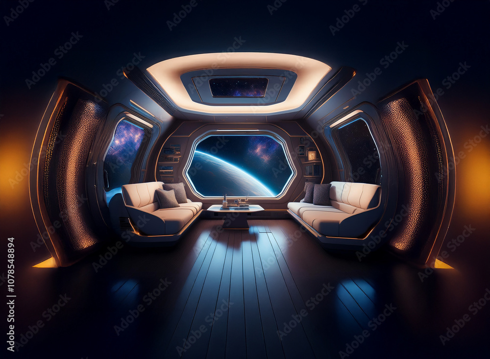 Poster A futuristic spaceship interior with large windows showcasing a view of Earth from space. The room is furnished with comfortable seating and a coffee table, creating a welcoming and luxurious atmosphe