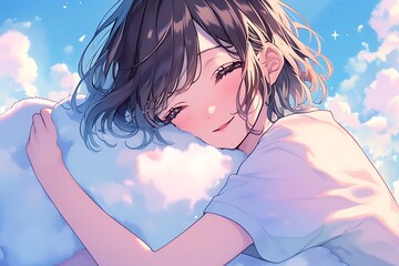 Anime girl with brown hair smiling and hugging a cloud in a blue sky