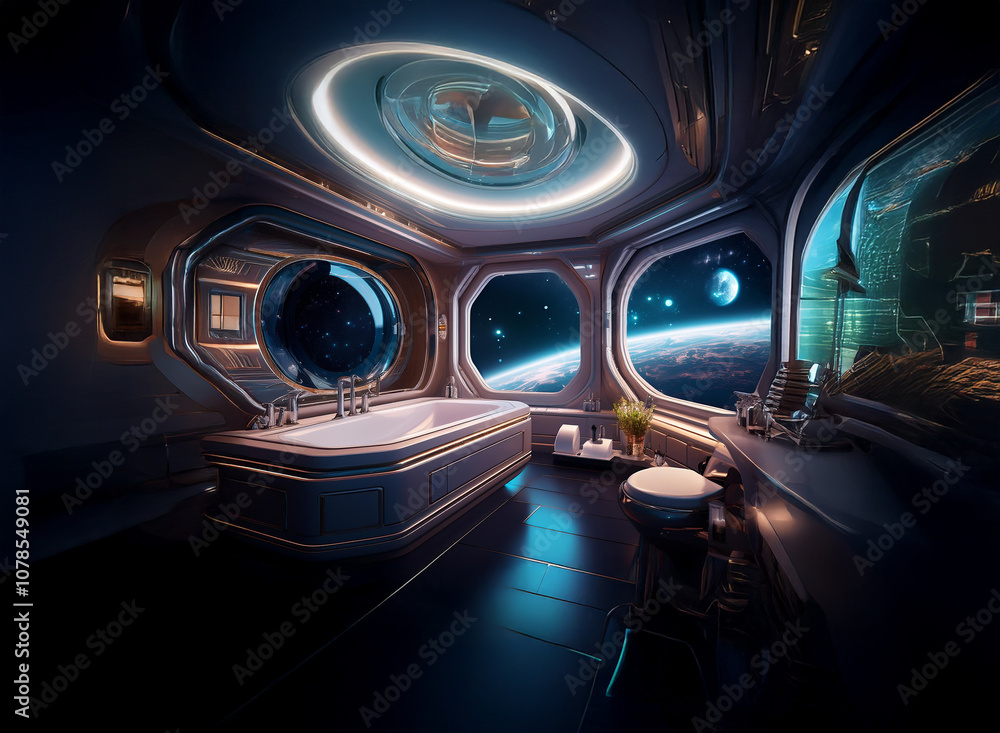 Poster a futuristic bathroom with large windows overlooking a view of a planet and stars.