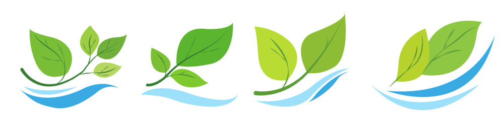 green leaves combined with water wave elements, forming logos or icons. The leaves are vibrant, and the design is simplistic with a white background. Concept of nature, hydroponics, and gardening.