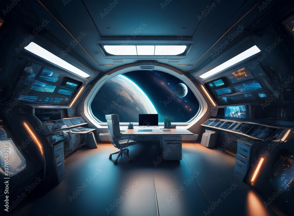 Poster a futuristic spaceship bridge with a large window showcasing a blue and green planet in space.