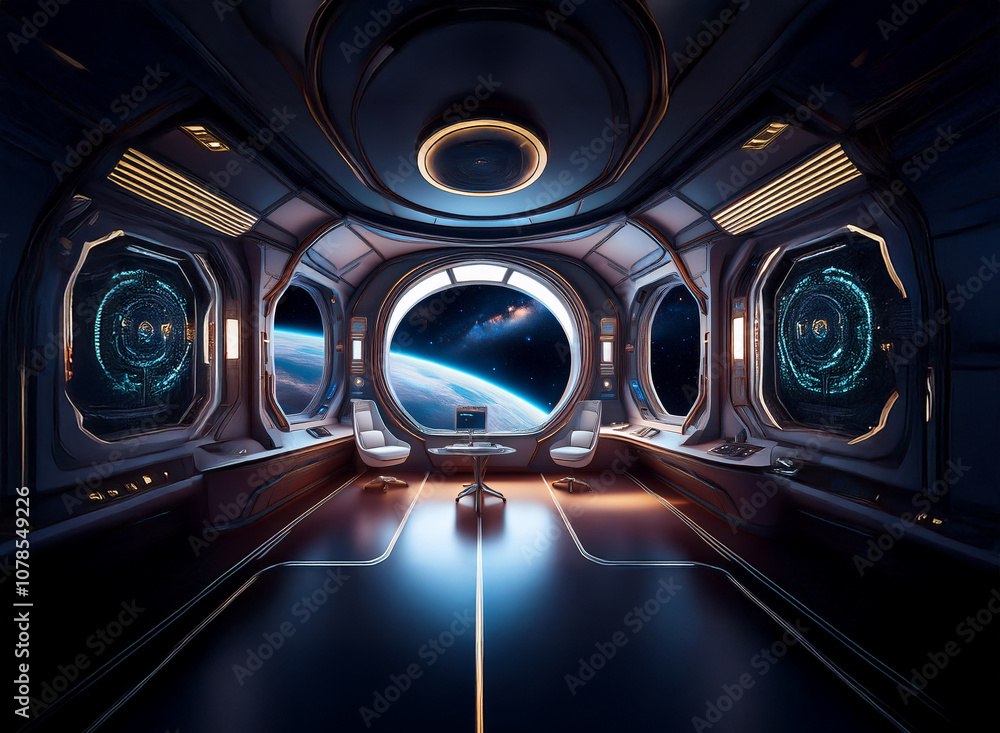 Aufkleber a futuristic spaceship interior with large windows overlooking a planet and starry night sky.