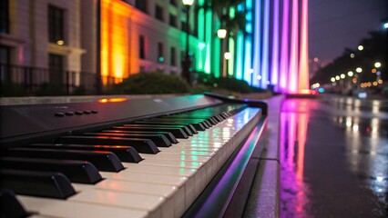Obraz premium Minimalist Composition of Piano Keys Illuminated in a Neon Dreamscape, Blending Abstract Art with Musical Elements for a Captivating Visual Experience