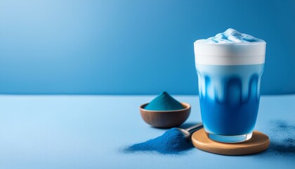 cold latte with blue spirulina healthy drink on blue background
