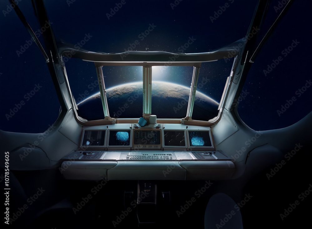 Poster A view of Earth from the cockpit of a spaceship. The planet is seen through the large window in the front of the spacecraft, with the sun rising over the horizon.