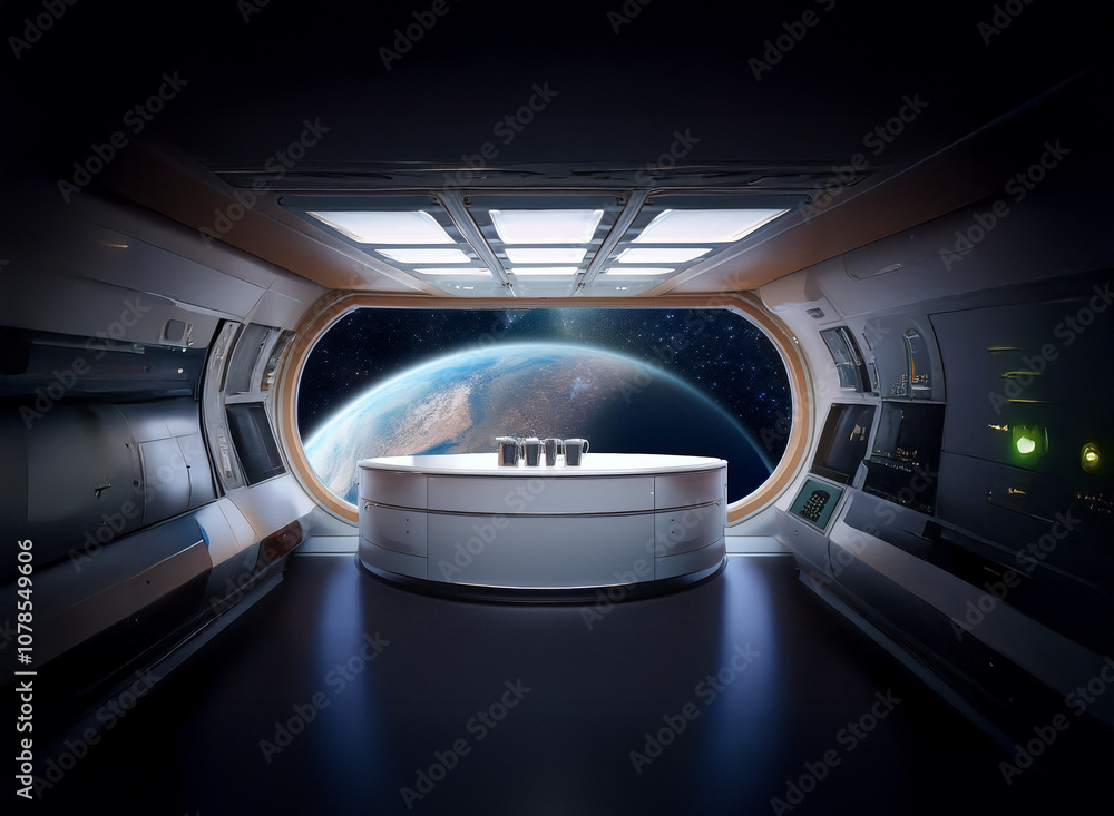 Aufkleber a futuristic spaceship interior with a large window showcasing a view of a planet with a starry sky 