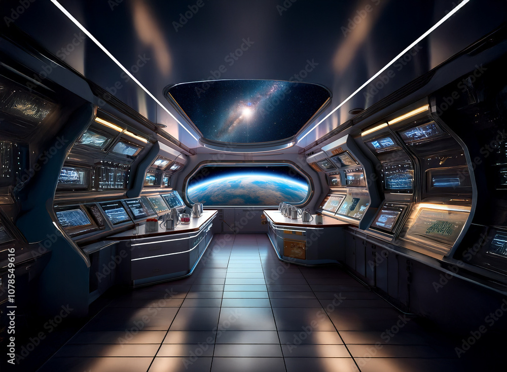 Poster a futuristic spaceship bridge overlooking a planet with a starry sky beyond.