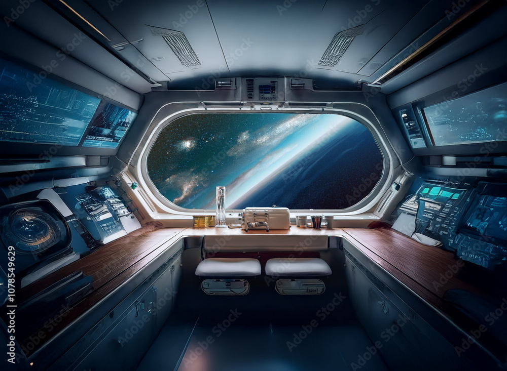 Poster a futuristic spaceship interior with a large viewport overlooking a distant planet and a starry sky.