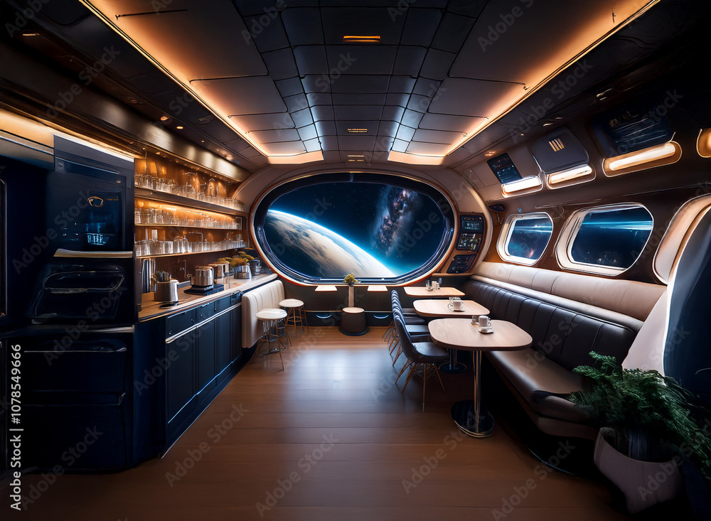 Poster a futuristic, spacious lounge with large, circular windows overlooking a view of earth and space.