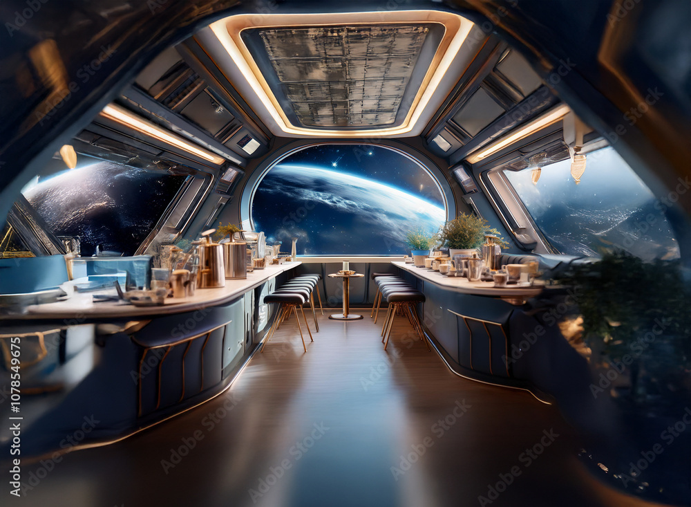 Aufkleber a futuristic spaceship dining area with a large window overlooking earth.