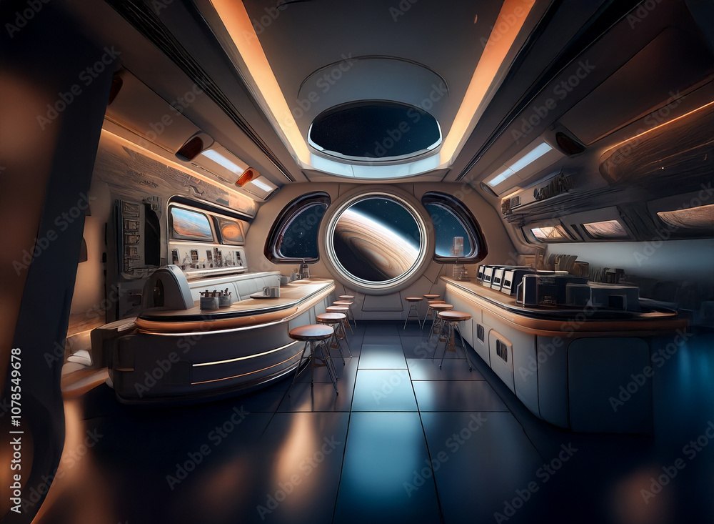 Aufkleber A futuristic bar with a large window looking out into space, showing a ringed planet.