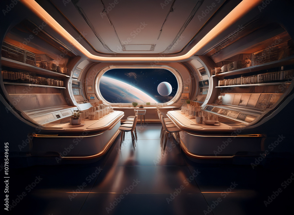 Aufkleber a futuristic spaceship interior with large windows overlooking a planet and moon.