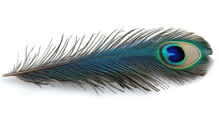 A single peacock feather with vibrant blue, green, and brown colors isolated on a white background.
