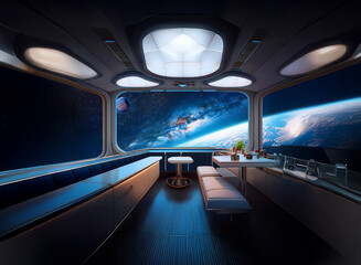 A spaceship lounge with large windows offers a breathtaking view of Earth and the cosmos.