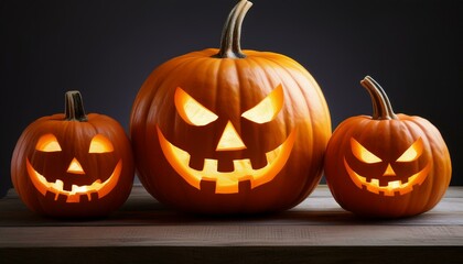 halloween pumpkins with illuminated spooky faces cut out transparent