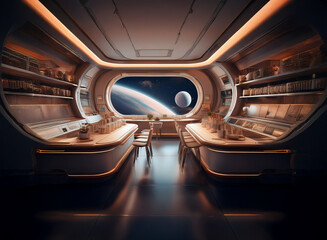 A futuristic spaceship interior with large windows overlooking a planet and moon.