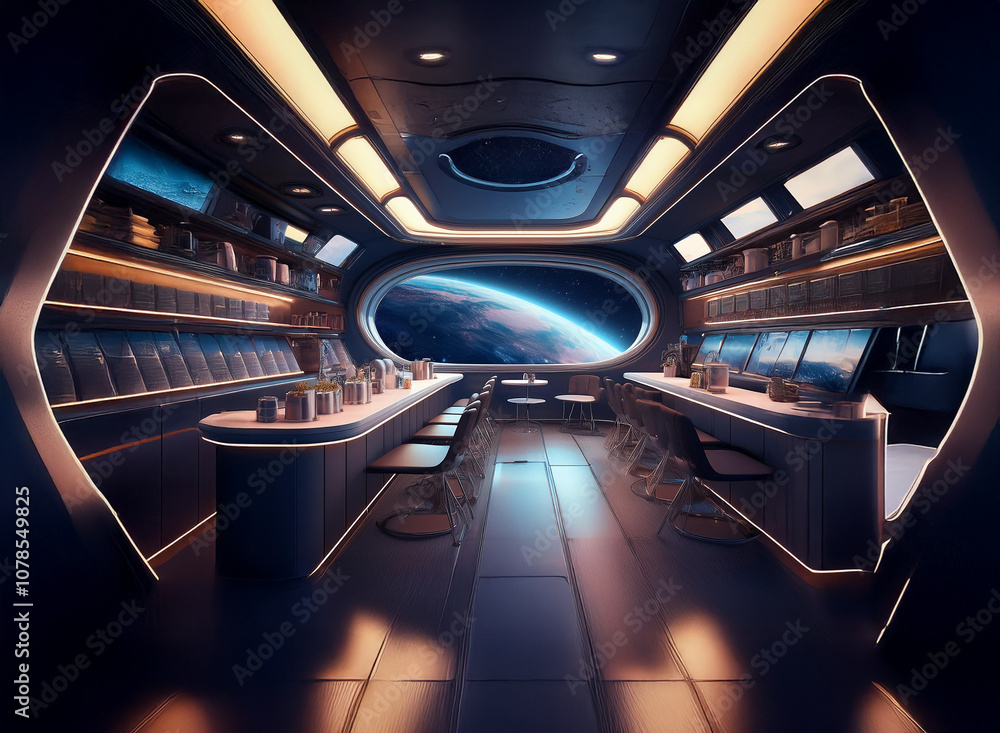 Poster a futuristic bar with a view of earth from a spaceship window.