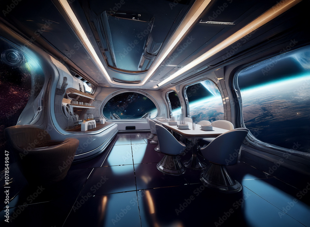 Aufkleber a futuristic dining room aboard a spaceship with large windows offering a view of a planet and stars