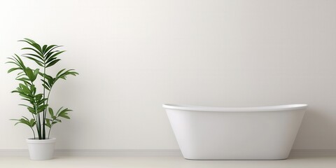 A modern bathroom featuring a white bathtub and a green plant for a refreshing ambiance.