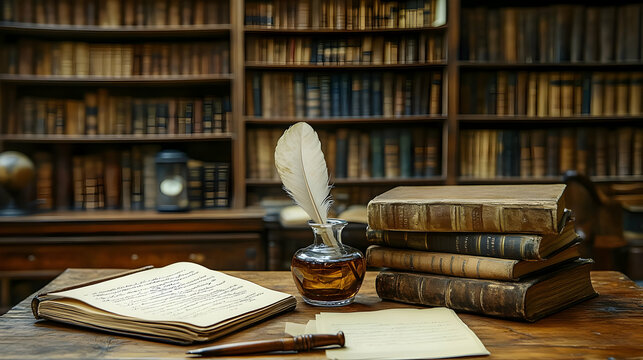 Vintage Bookshelf with Quill Pen and Manuscript - Realistic Image