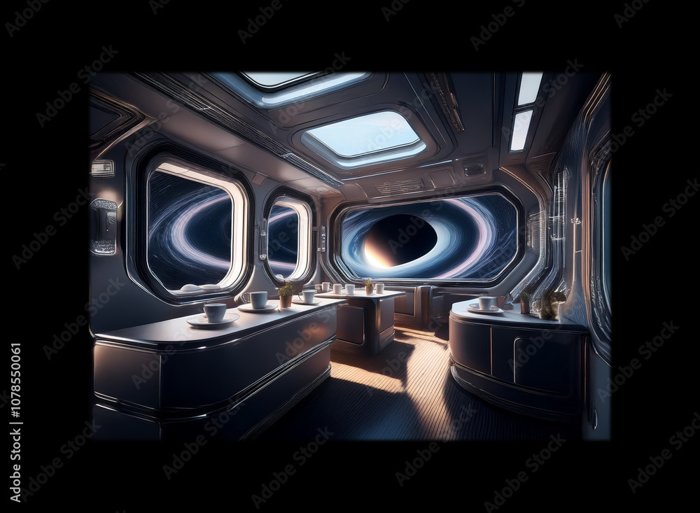 Poster a futuristic spaceship interior with large windows overlooking a breathtaking view of a ringed plane