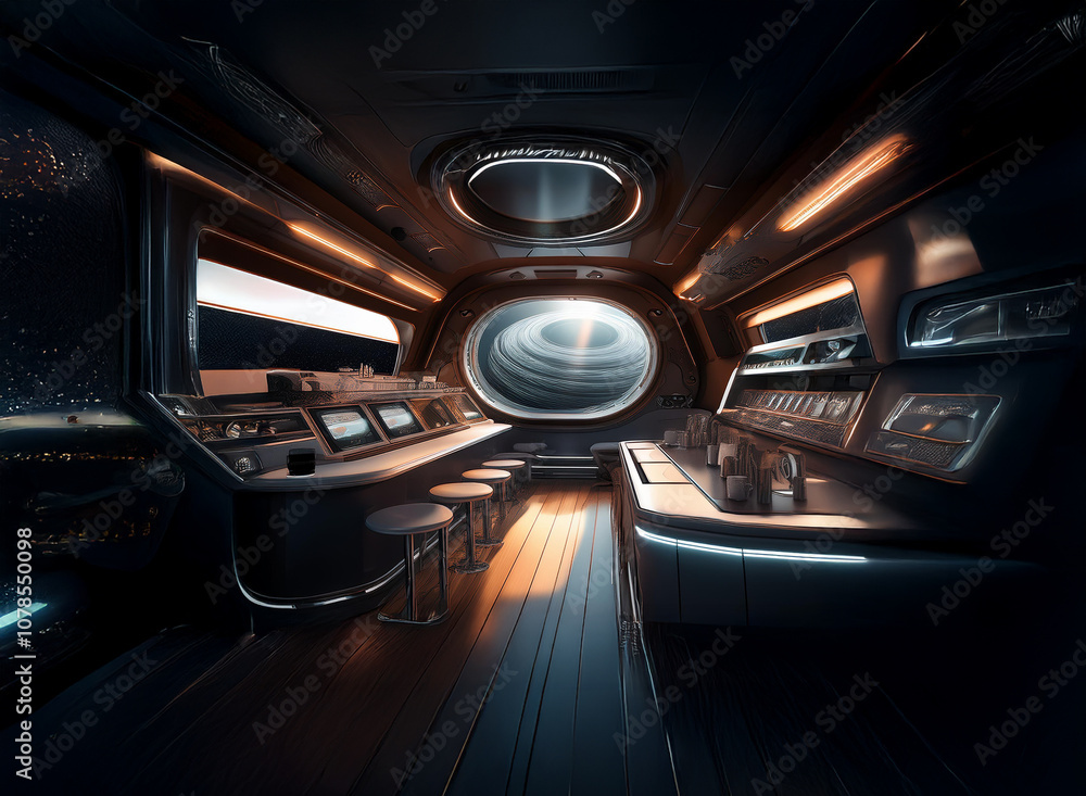 Fototapete a futuristic space bar with a large viewport overlooking a nebula.