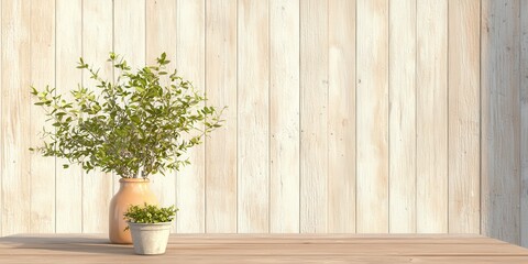 A peaceful interior scene with potted plants against a wooden wall background.