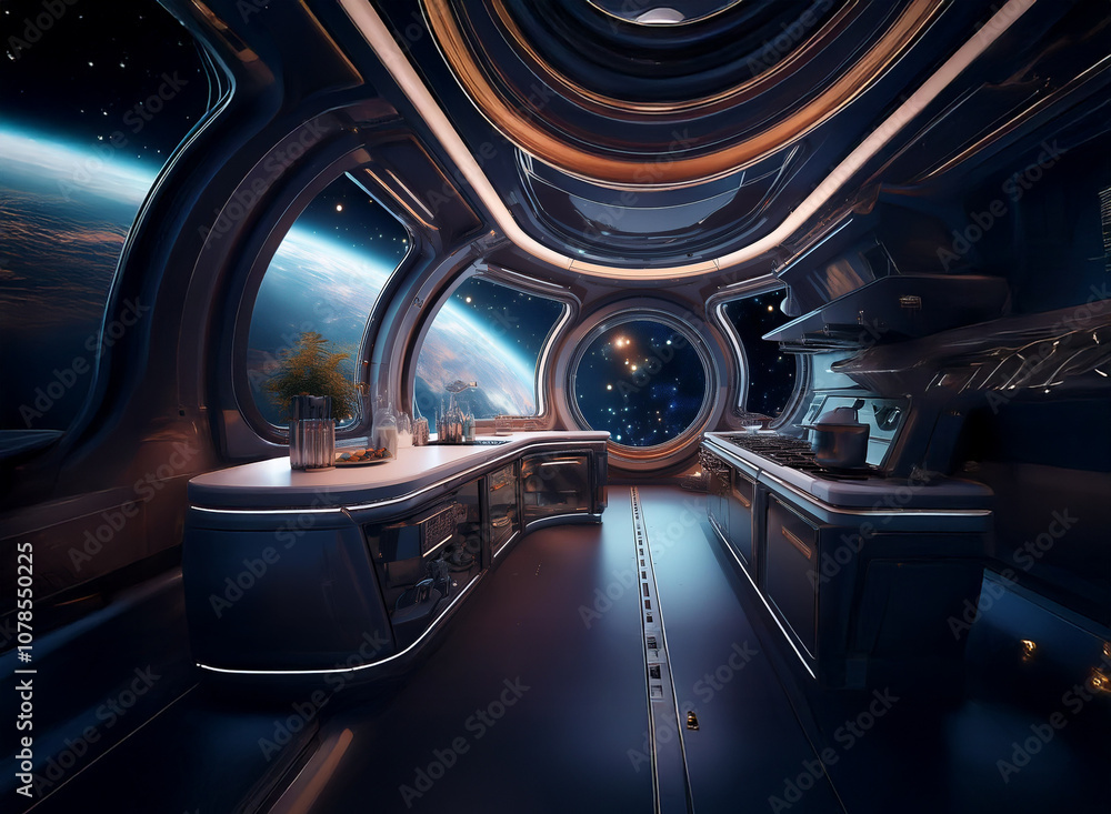 Poster a futuristic spaceship kitchen with large windows overlooking a distant planet and stars.