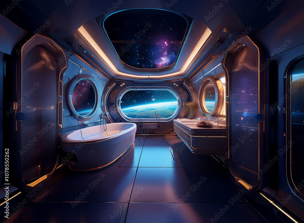 Aufkleber a futuristic bathroom with a large window overlooking earth and a view of space through the ceiling.