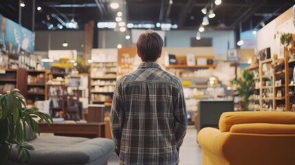 A man shopping for home decor in a furniture store, visualizing his ideal living space, blending daily life and personal style in lifestyle choices.