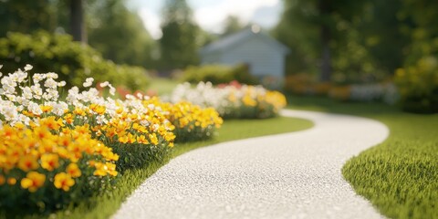Obraz premium A picturesque garden pathway lined with colorful flowers, offering a serene retreat.