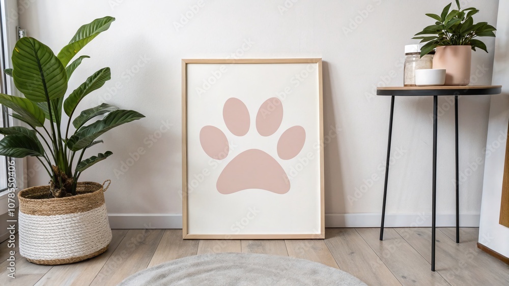 Poster minimalist graphic paw print design featuring clean lines and a subtle color palette ideal for pet l