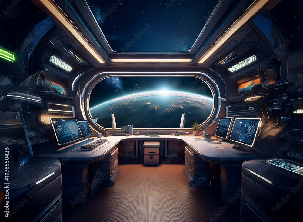 Aufkleber a futuristic spaceship interior with a large window overlooking a distant planet.