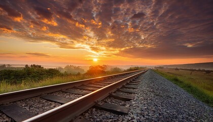 Fototapeta premium orange sunset in low clouds over railroad