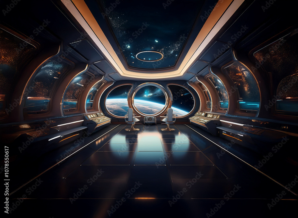 Poster The interior of a spaceship features a view of a planet and the vast expanse of space.  The cockpit features a large, curved window that overlooks the planet and an array of control panels and buttons