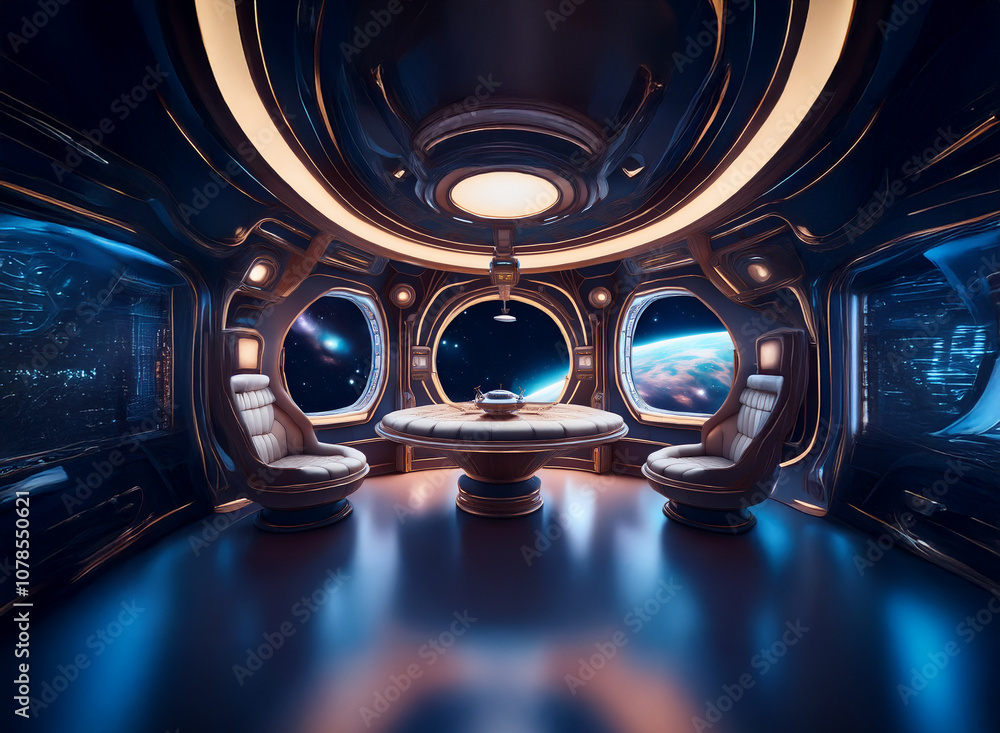 Poster A futuristic spaceship interior with large windows overlooking a blue planet and starry space.  The room features a round table with chairs and a sleek design.