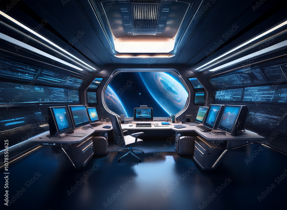 Aufkleber A futuristic spaceship bridge with multiple computer stations and a large window revealing a distant planet and stars.