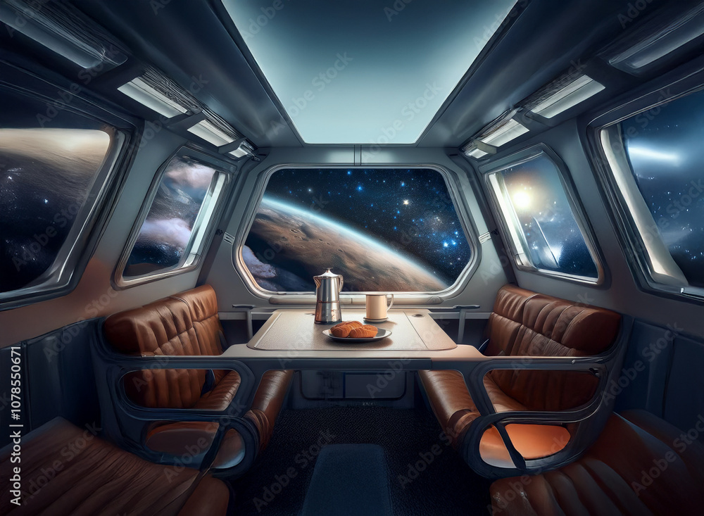 Poster the interior of a spaceship with multiple large windows looking out at the stars and a distant plane