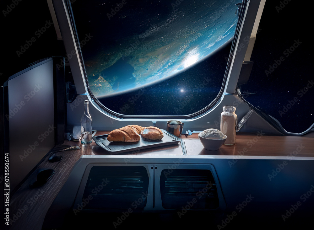 Poster A view from a spaceship window showing Earth in the distance with a breakfast tray of bread, a glass of milk, and a bowl of cereal.