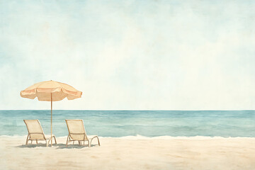 Fototapeta premium Relaxing beach setting with two lounge chairs and a sun umbrella on a calm sandy shore under a clear blue sky