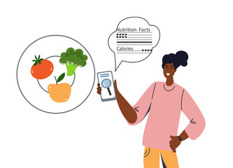 young woman studies  nutritional value food.  Nutrition facts of food. Calories counting concept. Food control and consumer nutrition facts. Diet , food control, weight loss. Vegetarian, vegan,