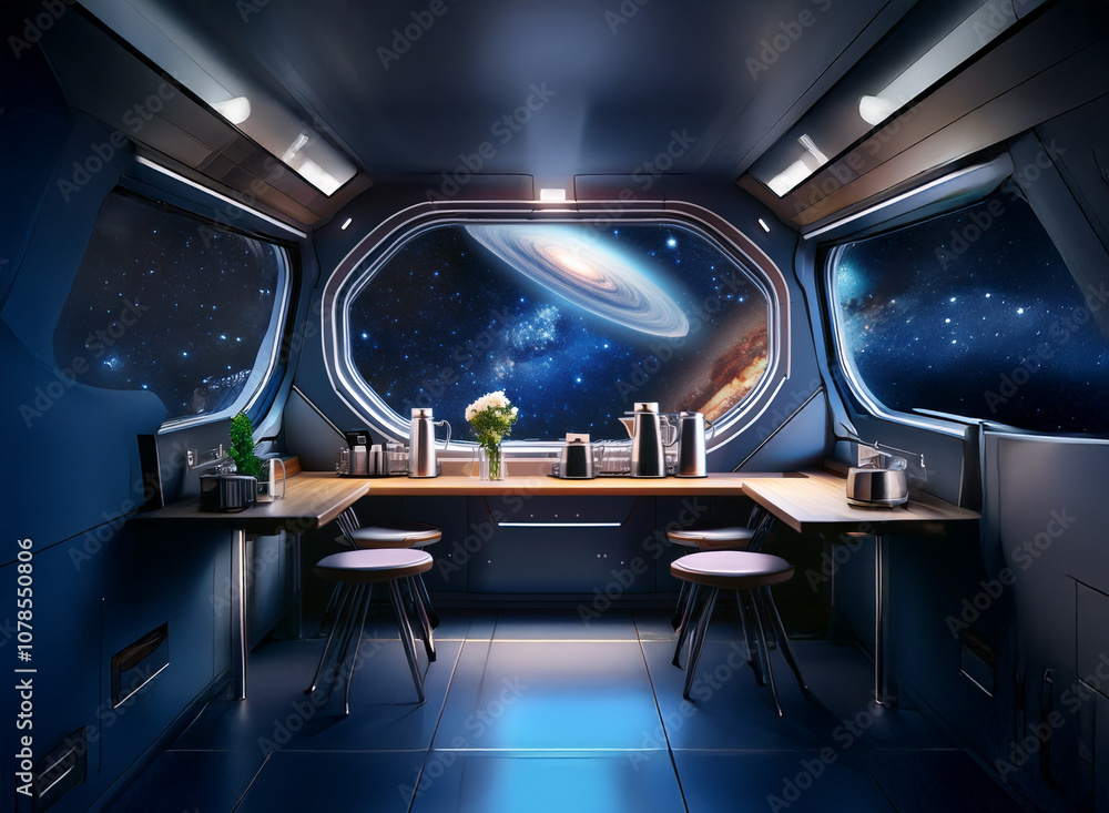 Poster A futuristic spaceship kitchen with a large window overlooking a galaxy.