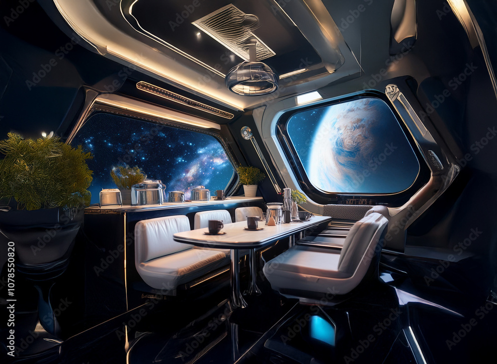 Poster a futuristic spaceship interior with a dining area featuring a table and chairs, a large window over