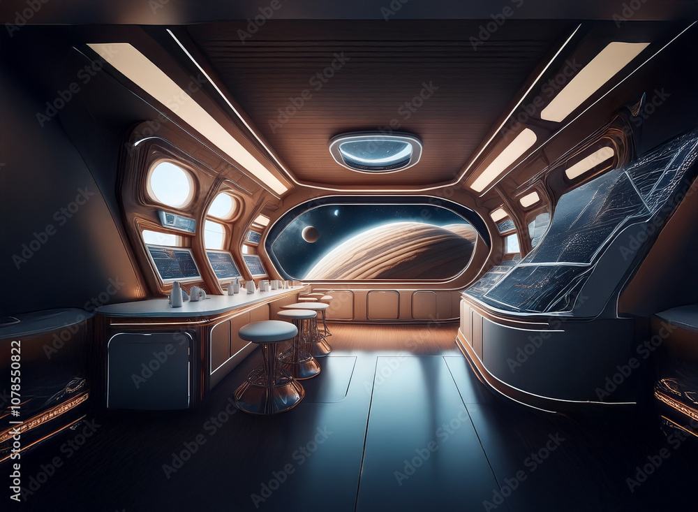 Poster The interior of a spaceship with a large viewport showcasing a distant planet and a moon.