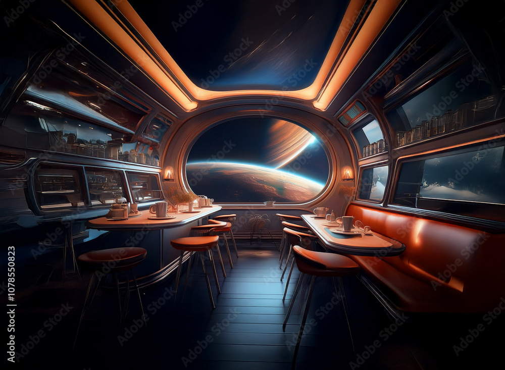 Poster A futuristic bar with a large window looking out into space, showcasing a distant planet with rings.