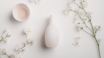 Minimalist Beauty: White Skincare Bottle, Delicate Flowers, and a Bowl on a Pristine Background. A Serene and Elegant Flatlay for Cosmetics, Wellness, and Self-Care.