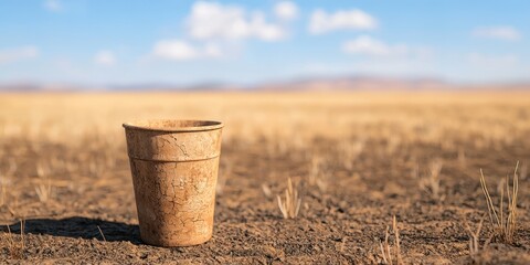 Naklejka premium A rustic bucket rests on dry, cracked earth under a vast blue sky, symbolizing drought.