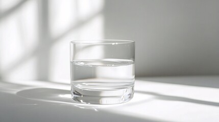 A glass of pure water. Clear glass with water on a white surface with window shadow. Refreshing and hydrating still life.