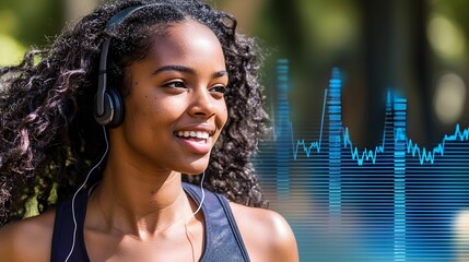 Smiling woman wearing headphones, exercising outdoors, with a digital heart rate graphic overlay, representing fitness, wellness, and motivation through music.